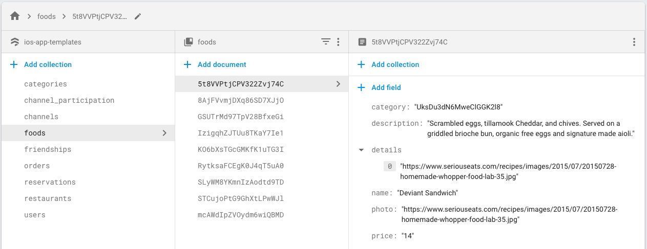 firebase react native firestore food items data structure