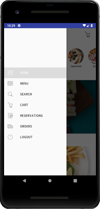 food delivery restaurant android app template food sidebar menu screen