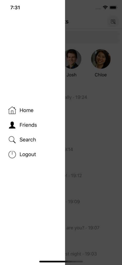 navigation drawer social chat design screen